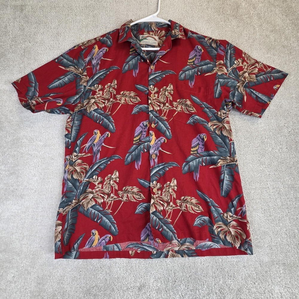 VTG Paradise Found Hawaiian Shirt Mens L Red Tropical Parrot Aloha Magnum